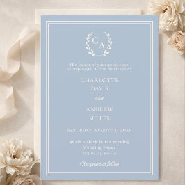 Dusty blue ivory wreath monogram simple wedding  inbjudningar