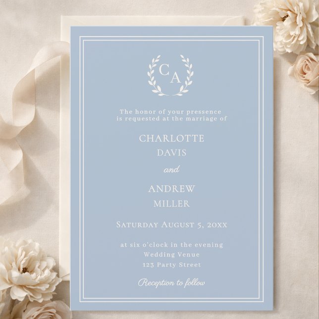 Dusty blue ivory wreath monogram simple wedding  inbjudningar (Skapare uppladdad)