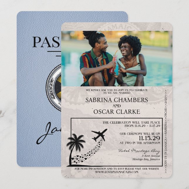 Dusty Blue Jamaica Passport Wedding bjudande Inbjudningar (Fram/baksida)