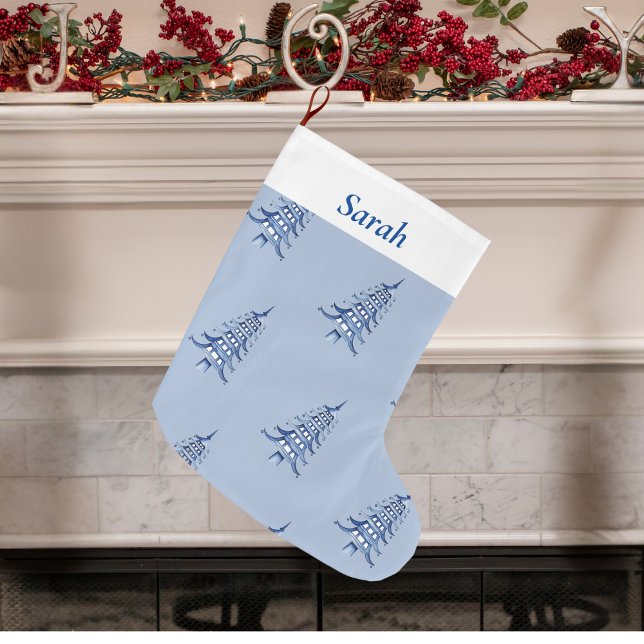 Dusty Blue jul Pagoda Träd mönster Stor Julstrumpa (Dusty Blue Christmas Pagoda Tree pattern Large Christmas Stocking)