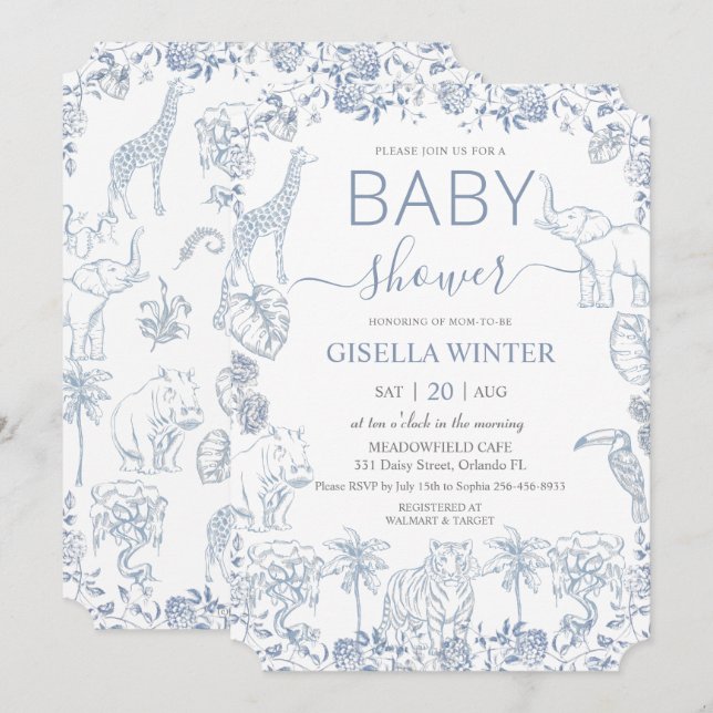 Dusty Blue Jungle Animals Toile Baby Shower Inbjudningar (Fram/baksida)