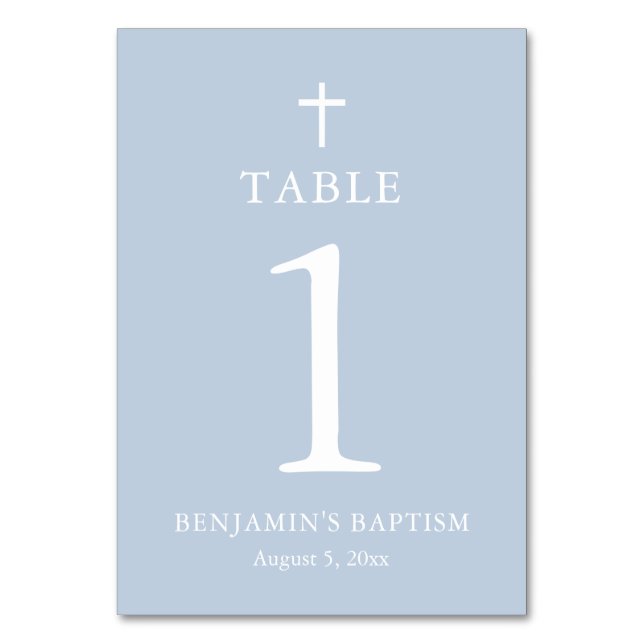 Dusty Blue Kor Boy Baptism Bordsnummer Card (Framsidan)