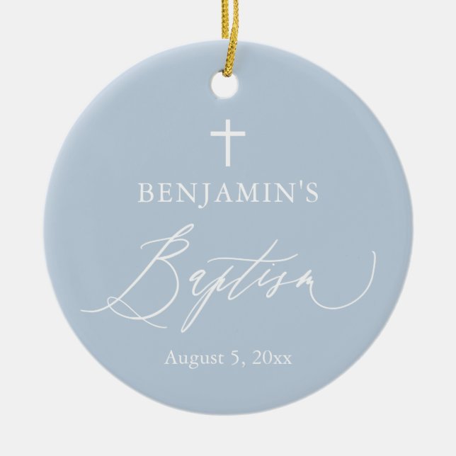 Dusty Blue Kor Boy Baptism Ceramic Ornamic Julgransprydnad Keramik (Framsidan)