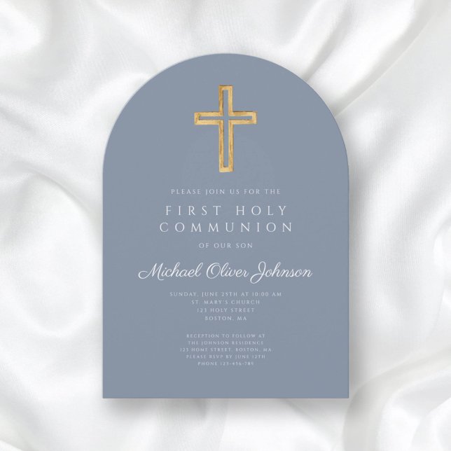 Dusty Blue Kor Boy First Communion Arch Inbjudningar (Dusty Blue Cross Boy First Communion Arch Invitation)