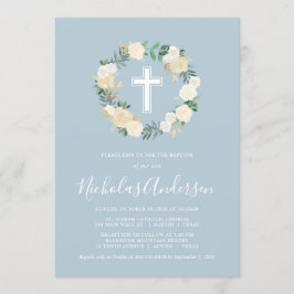 Dusty Blue Kor med Cream-Blommigtar, pojk-baptism Inbjudningar