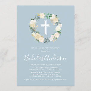 Dusty Blue Kor med Cream-Blommigtar, pojk-baptism Inbjudningar