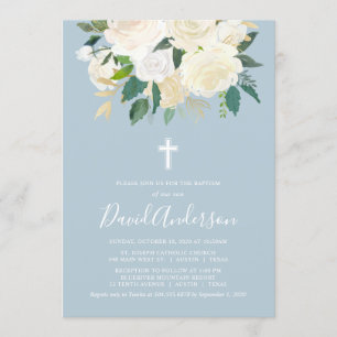 Dusty Blue Kor med Cream-Blommigtar, pojk-baptism Inbjudningar