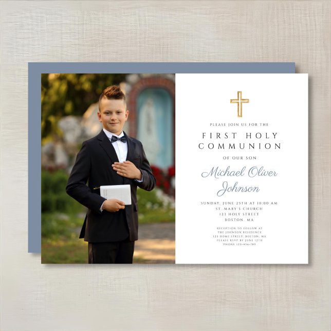 Dusty Blue Kor Photo Boy First Communion Inbjudningar (Dusty Blue Cross Photo Boy First Communion Invitation)