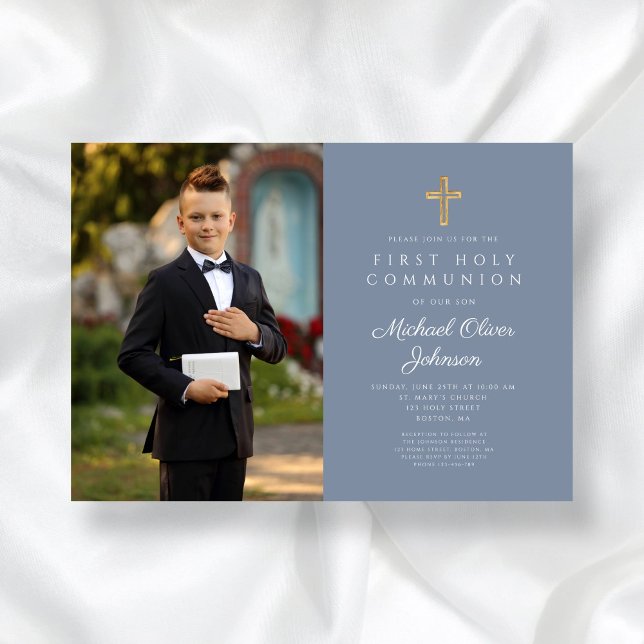 Dusty Blue Kor Photo Boy First Communion Inbjudningar (Dusty Blue Cross Photo Boy First Communion Invitation)