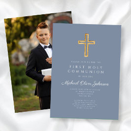 Dusty Blue Kor Photo Boy First Communion Inbjudningar