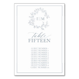 Dusty Blue Leafy Vapensköld Monogram Bröllop Bordsnummer