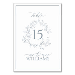 Dusty Blue Leafy Vapensköld Monogram Bröllop Bordsnummer