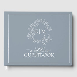 Dusty Blue Leafy Vapensköld Monogram Bröllop Gästböcker