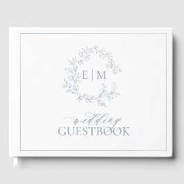 Dusty Blue Leafy Vapensköld Monogram Bröllop Gästböcker