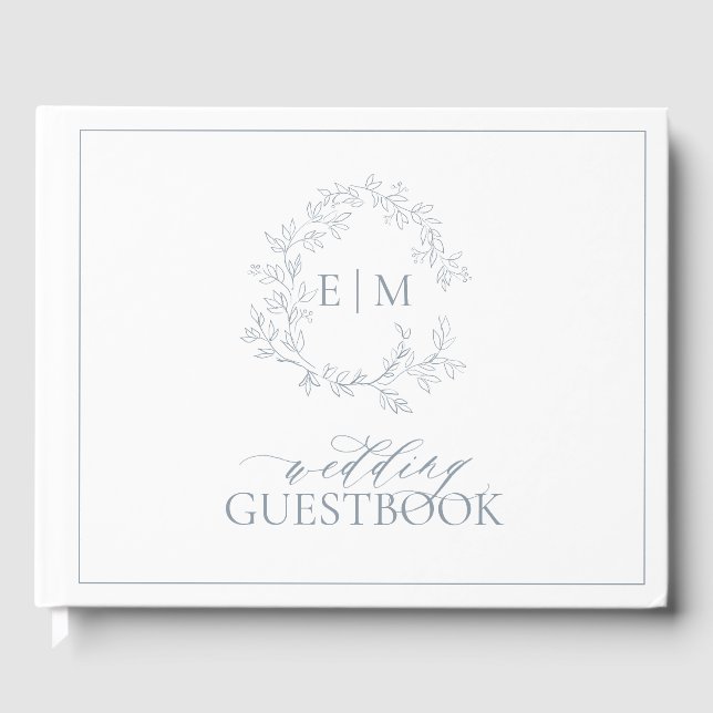 Dusty Blue Leafy Vapensköld Monogram Bröllop Gästböcker (Framsida)