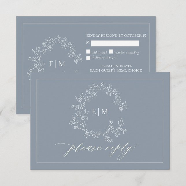 Dusty Blue Leafy Vapensköld Monogram-Bröllop OSA (Fram/baksida)