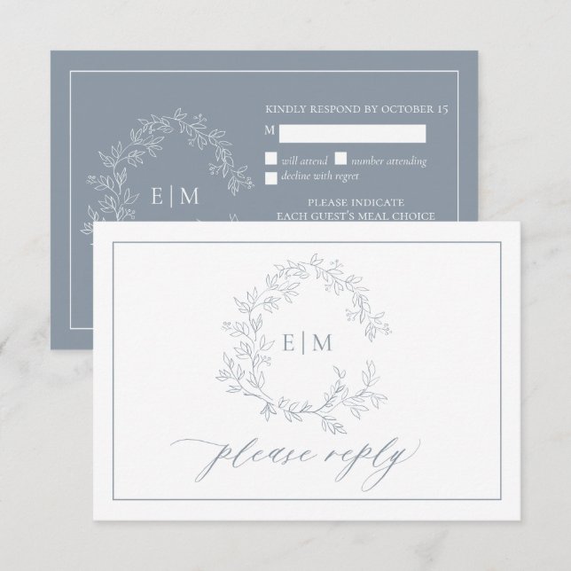 Dusty Blue Leafy Vapensköld Monogram-Bröllop OSA (Fram/baksida)