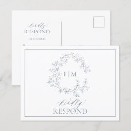 Dusty Blue Leafy Vapensköld Monogram Bröllop OSA Inbjudan Vykort