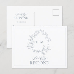 Dusty Blue Leafy Vapensköld Monogram Bröllop OSA Inbjudan Vykort