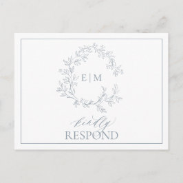 Dusty Blue Leafy Vapensköld Monogram Bröllop OSA Inbjudan Vykort