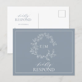 Dusty Blue Leafy Vapensköld Monogram Bröllop OSA Inbjudan Vykort