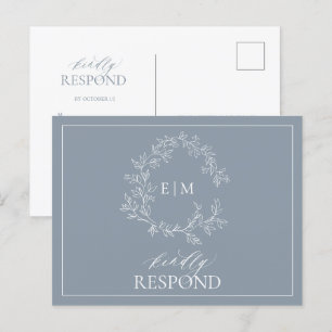 Dusty Blue Leafy Vapensköld Monogram Bröllop OSA Inbjudan Vykort