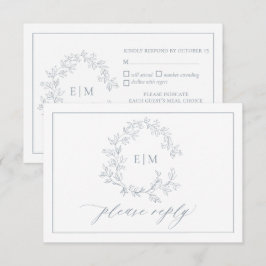 Dusty Blue Leafy Vapensköld Monogram-Bröllop OSA Kort