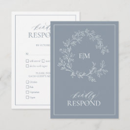 Dusty Blue Leafy Vapensköld Monogram-Bröllop OSA Kort