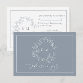 Dusty Blue Leafy Vapensköld Monogram-Bröllop OSA Kort