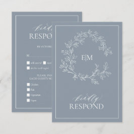 Dusty Blue Leafy Vapensköld Monogram-Bröllop OSA Kort