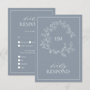 Dusty Blue Leafy Vapensköld Monogram-Bröllop OSA Kort