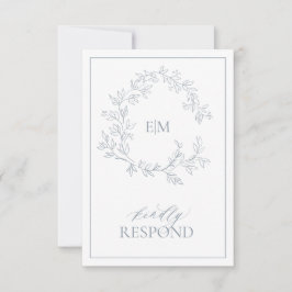Dusty Blue Leafy Vapensköld Monogram-Bröllop OSA Kort