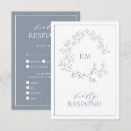 Dusty Blue Leafy Vapensköld Monogram-Bröllop OSA Kort