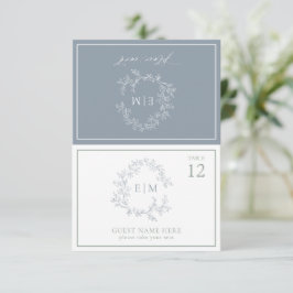 Dusty Blue Leafy Vapensköld Monogram Bröllop Place OSA Kort