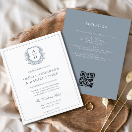Dusty Blue Leafy Vapensköld Monogram Bröllop QR-ko Flygblad