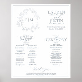 Dusty Blue Leafy Vapensköld Monogram Bröllopsprogr Poster
