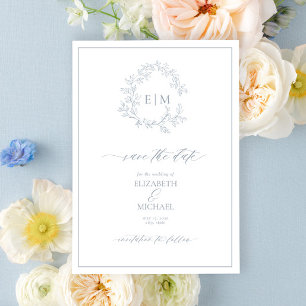 Dusty Blue Leafy Vapensköld Monogram Spara datum Inbjudningar