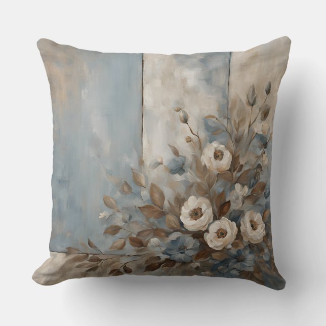 Dusty Blue Light Brown Modern Farmhouse Blommigt Kudde (Framsida)