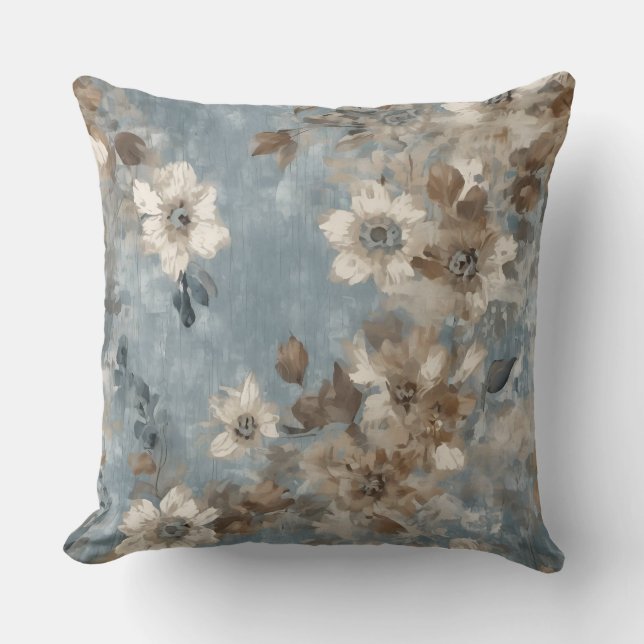 Dusty Blue Light Brown Rustic Abstrakt Blommigt Kudde (Framsida)