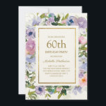 Dusty Blue Lila Blommigt Guld 60:e födelsedagen Inbjudningar<br><div class="desc">Elegant dammblått och lila blommigt kvinnor 60:e födelsedagsfest inbjudan med grönt löv och guld ram. Anpassadet är helt och hållet,  så det här kortet kan ändras i vilken ålder som helst.</div>