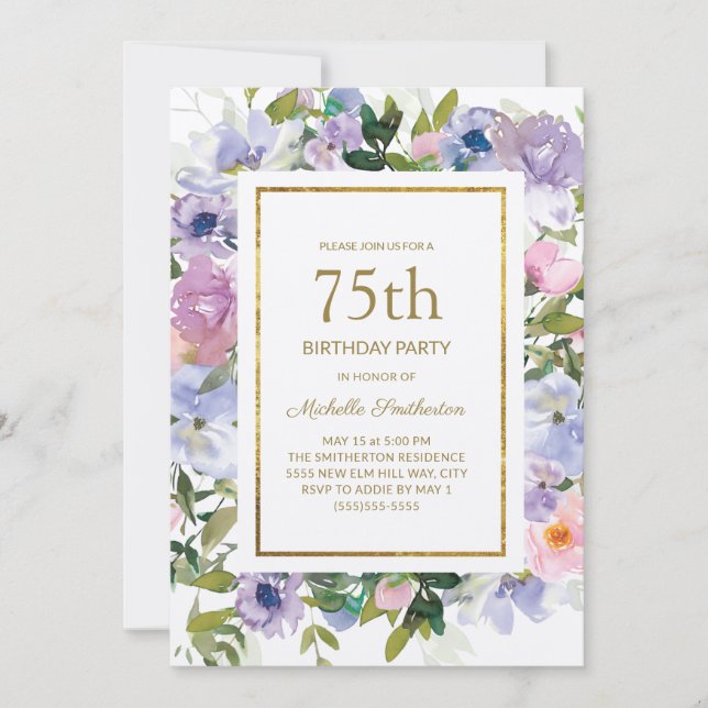 Dusty Blue Lila Blommigt Guld 75:e Inbjudningar (Framsida)