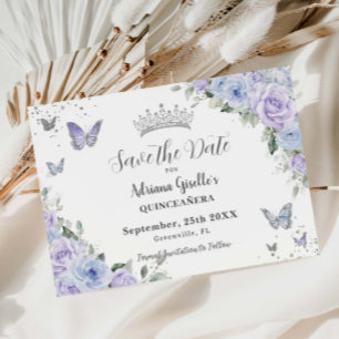 Dusty Blue Lila Blommigt Silver Quinceañera 16:e Spara Datumet