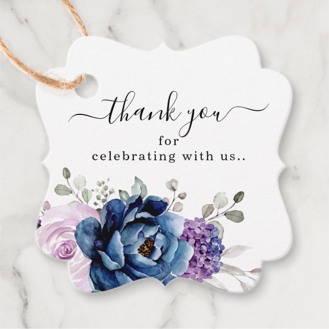 Dusty Blue Lila Blooms Bröllop Tack Gåvor Etiketter (Framsida)