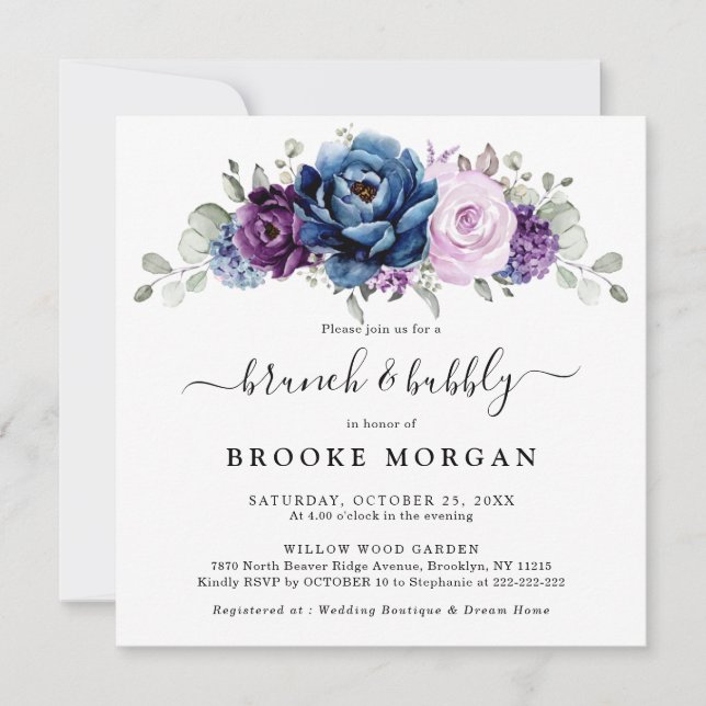 Dusty Blue Lila Navy Lilac Bloom Brunch & BubLY Inbjudningar (Framsida)