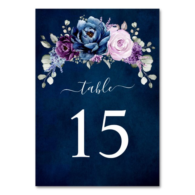 Dusty Blue Lila Navy Lilac Blooms Bröllop Bord Bordsnummer (Framsidan)