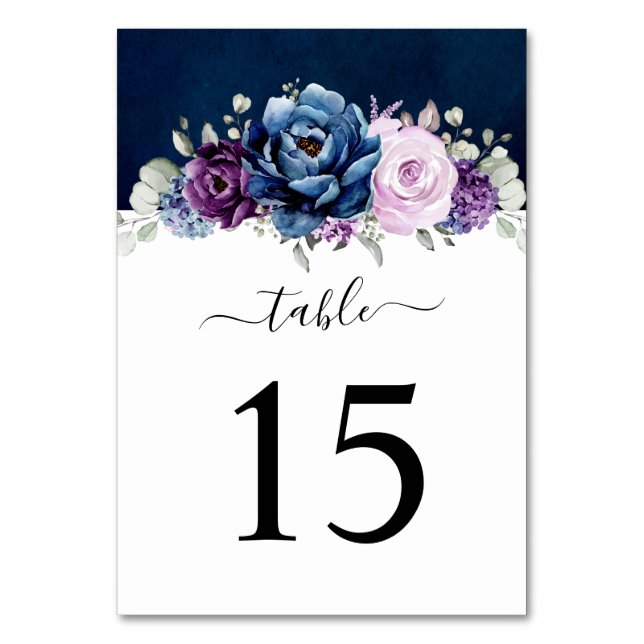 Dusty Blue Lila Navy Lilac Blooms Bröllop Bord Bordsnummer (Framsidan)
