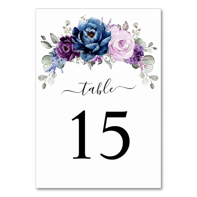 Dusty Blue Lila Navy Lilac Blooms Bröllop Bordsnummer (Framsidan)