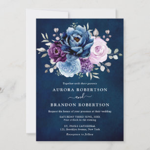 Dusty Blue Lila Navy Lilac Blooms Bröllop Elegan Inbjudningar