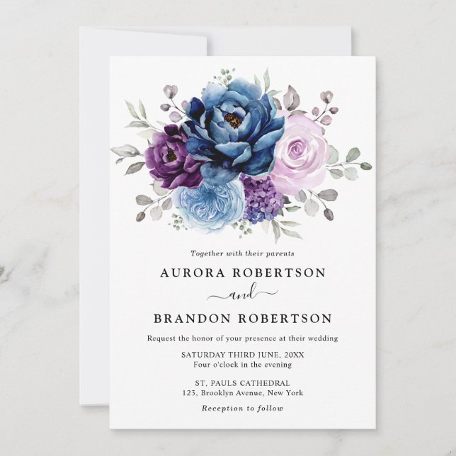 Dusty Blue Lila Navy Lilac Blooms Bröllop Elegan Inbjudningar (Framsida)
