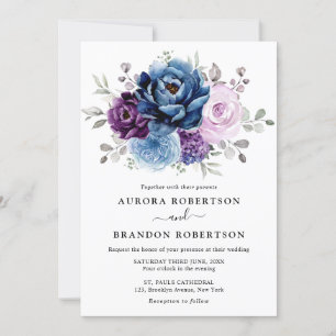 Dusty Blue Lila Navy Lilac Blooms Bröllop Elegan Inbjudningar